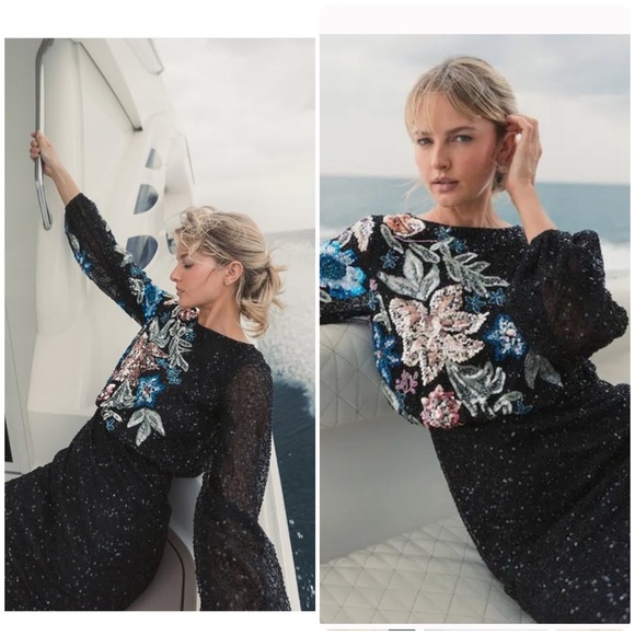 Mac Duggal 5615 size 12 floral embellished gown long blouson sleeves - Picture 3 of 12